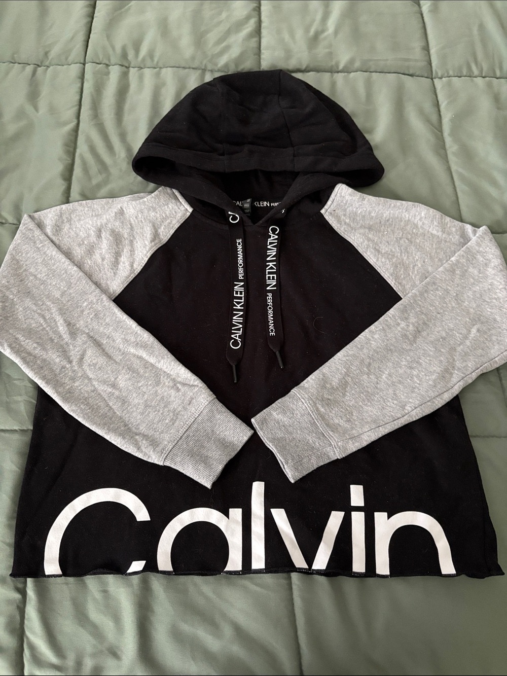 Calvin Klein Black and Gray Raglan cropped Pullover Hoodie